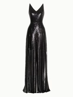 AKRIS Gown In Plissé With All Over Sequins And Pleated Skirt