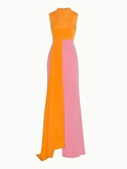 AKRIS Gown In Silk Crêpe Bi-Color With Asymmetrical Hem
