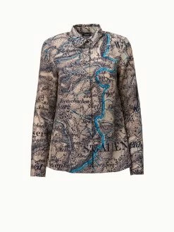 AKRIS St. Gallen Map Print Wool Voile Blouse
