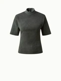 AKRIS Suede Stretch Mock Neck Blouse