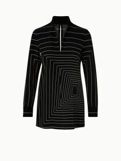 AKRIS Silk Crêpe Trapezoid Square Print Tunic Blouse With Front Zip Collar