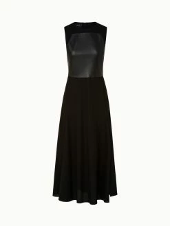 AKRIS Long Cotton Twill Dress With Leather Apron Bodice