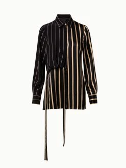 AKRIS Silk Crêpe Tunic Blouse With Screen Stripes Print