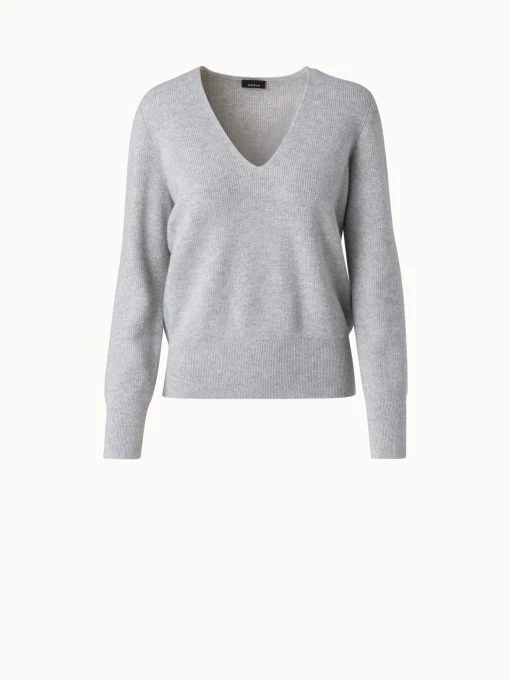 AKRIS Cashmere Lurex Ribbed V-Neck Knit Pullover -AKRIS sale 696473