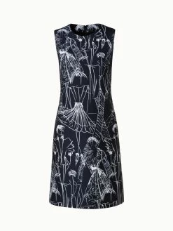 AKRIS Cotton Silk Double-Face Sheath Dress With Croquis Print