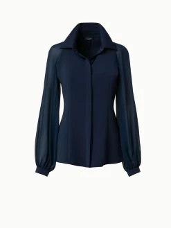 AKRIS Silk Stretch Crêpe Blouse With Transparent Organza Sleeves -AKRIS sale 769680