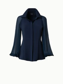 AKRIS Silk Stretch Crêpe Blouse With Transparent Organza Sleeves -AKRIS sale 769681