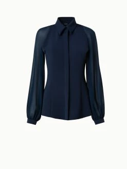 AKRIS Silk Stretch Crêpe Blouse With Transparent Organza Sleeves