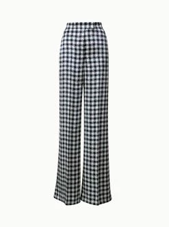 AKRIS Silk Satin Wide Leg Pants With Tweed Check Print