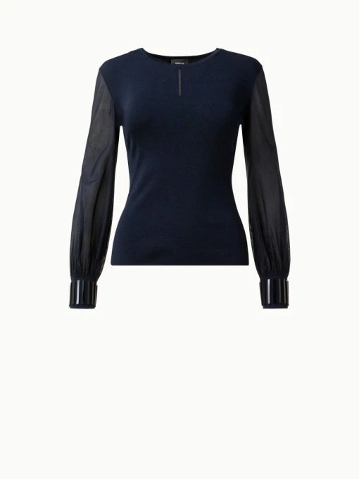 AKRIS Knit Silk Blouse With Sheer Tulle Sleeves -AKRIS sale 803900312088097028 e