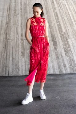 AKRIS Houndstooth Embroidery On Tulle Midi Dress