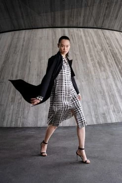 AKRIS Silk Satin Shirt Dress With Tweed Check Print